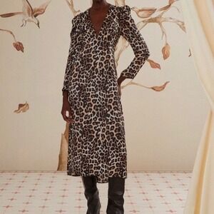 FARM Rio Leopard Print V Neck Satin Midi Dress in Natural Skin Cream - Medium